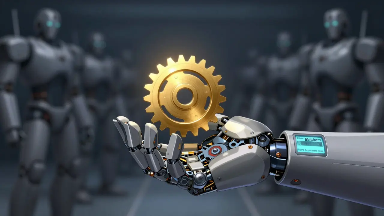 Mecha hand holding a delicate golden gear representing NTI drugs