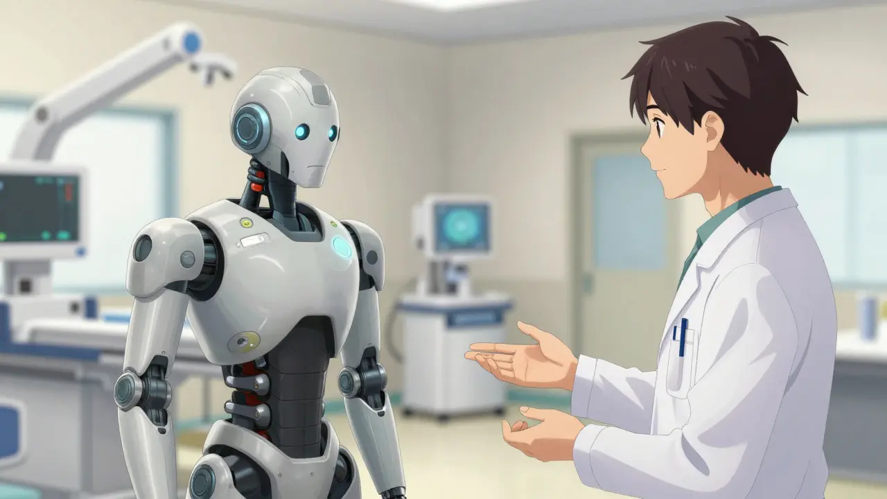 Patient and doctor having a reassuring conversation about medication risks in a clinic.