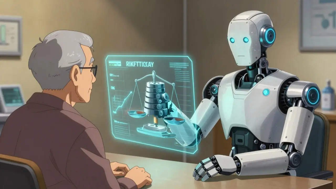 Robot doctor reviewing polypharmacy risks with patient