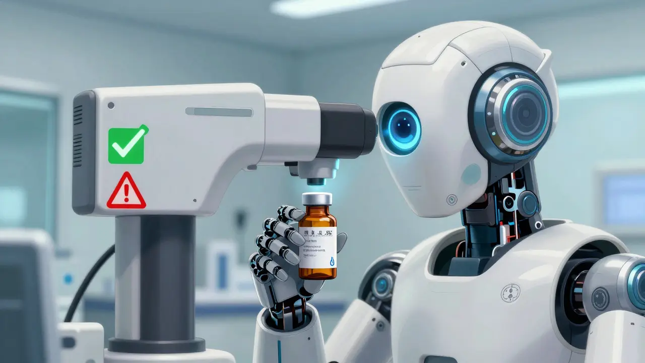 Robot scanner checking expiration date and storage conditions on medicine.