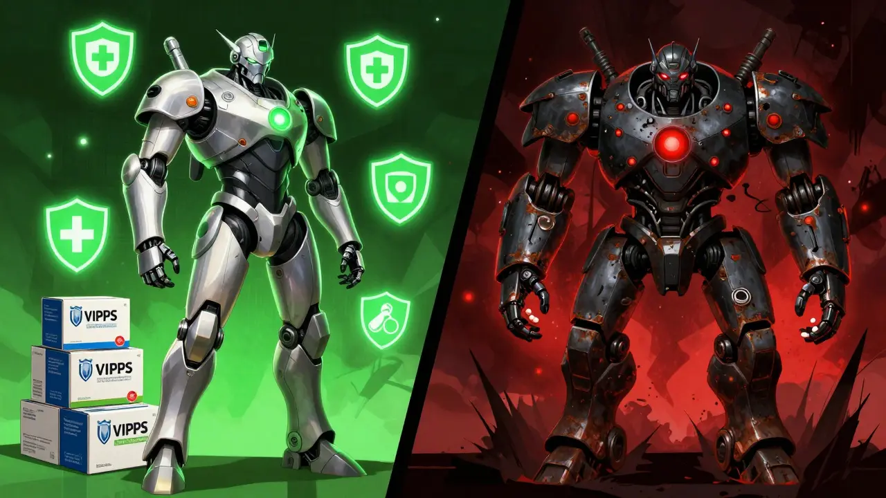 Robotic figures contrasting safe verified pharmacies with dangerous fakes