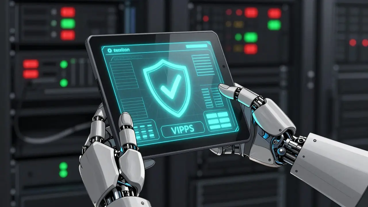 Robotic hand verifying pharmacy safety certification on screen