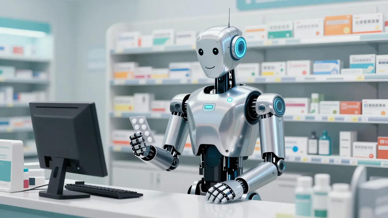 Robotic pharmacist assistant holding pills in a modern clinic setting