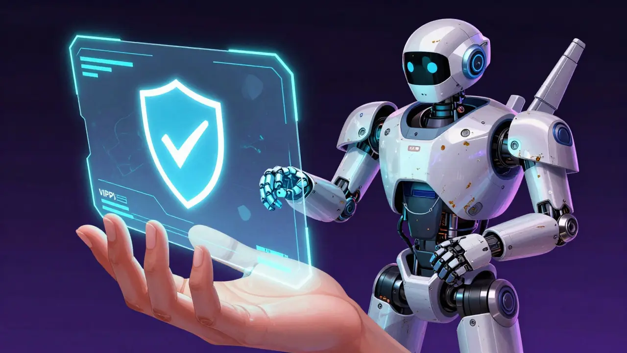 Security robot verifying digital safety shield for online pharmacy