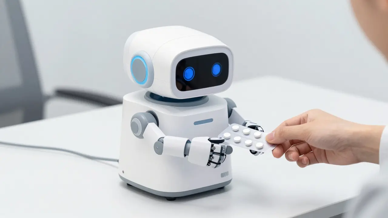 Small medical robot dispensing pills on a clean desk