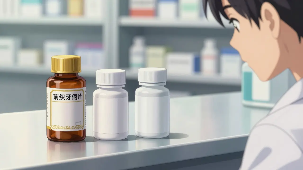 Three pill bottles on a counter showing brand, authorized generic, and standard generic.