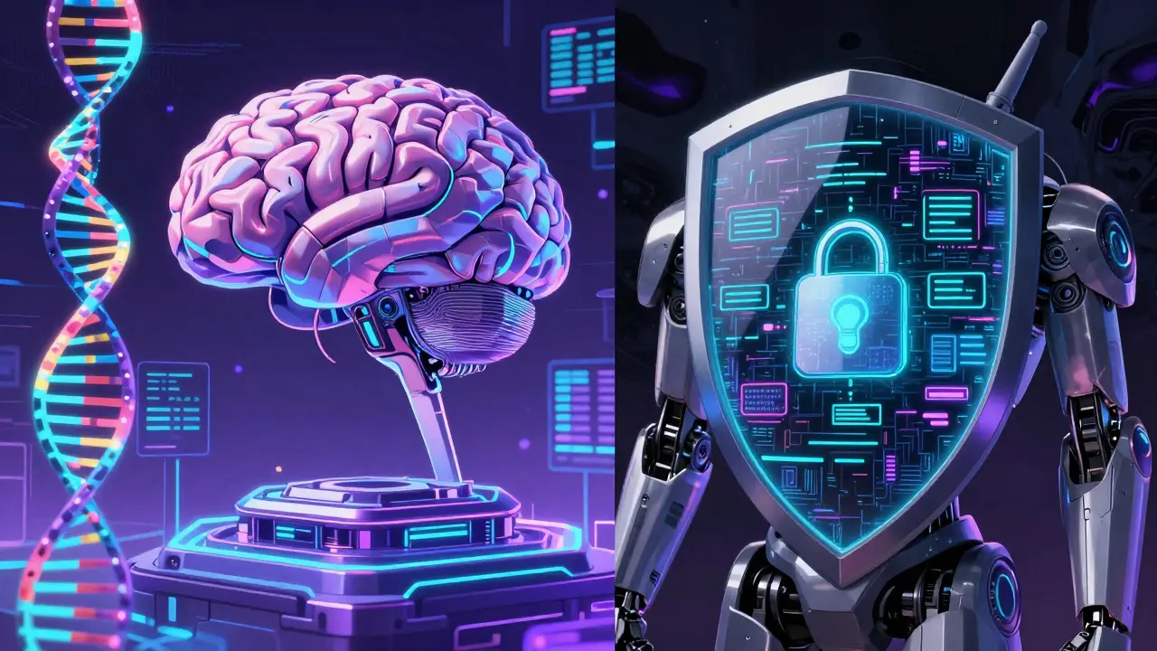 AI brain analyzing DNA data protected by a robotic security shield