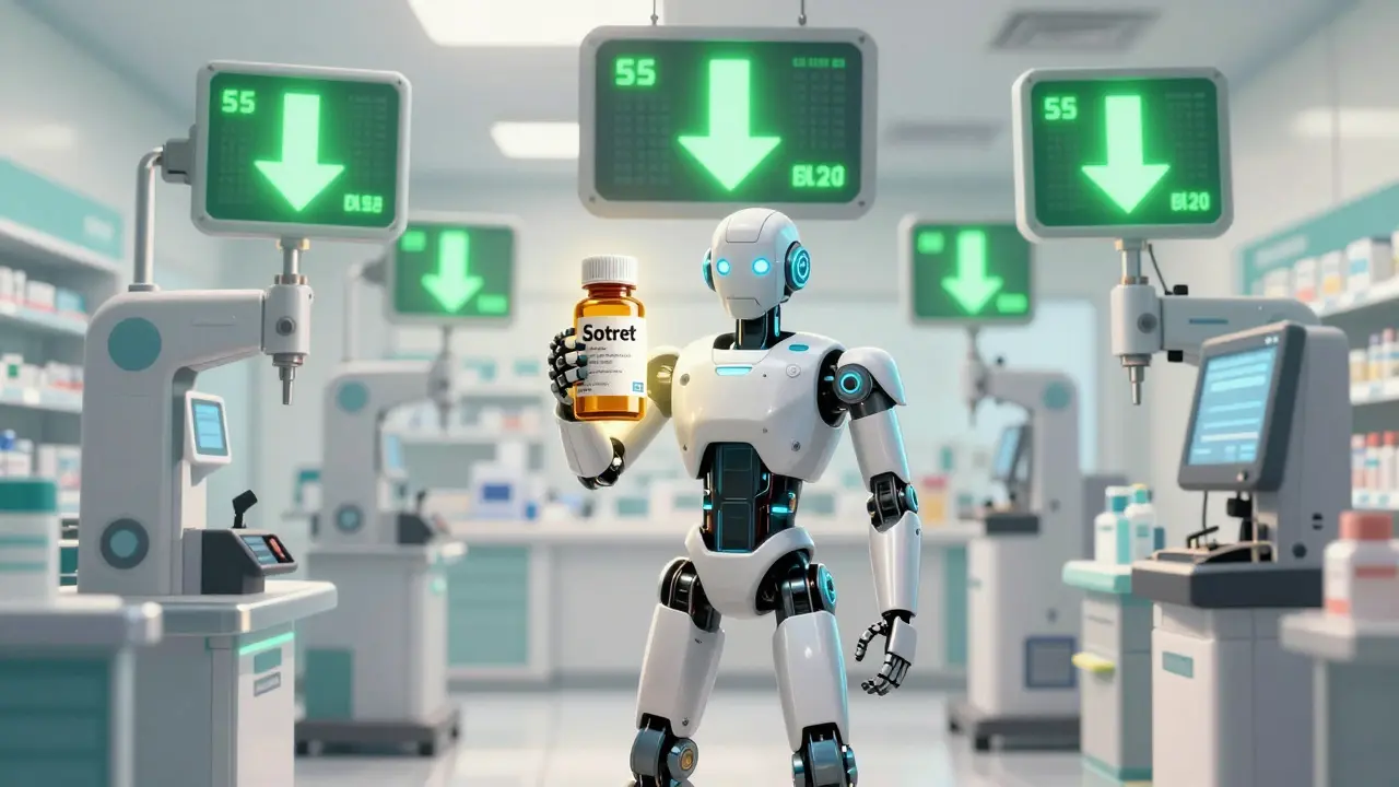 Anime character holding glowing medicine bottle in futuristic pharmacy