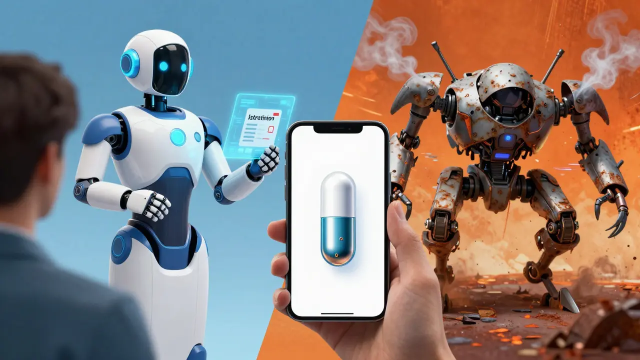 Anime split view comparing safe telehealth robot vs dangerous rogue drone