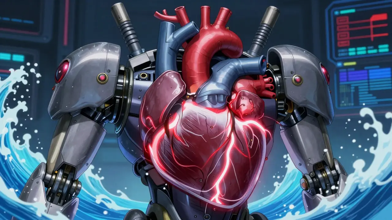 Armored robotic heart pumping efficiently in mecha anime