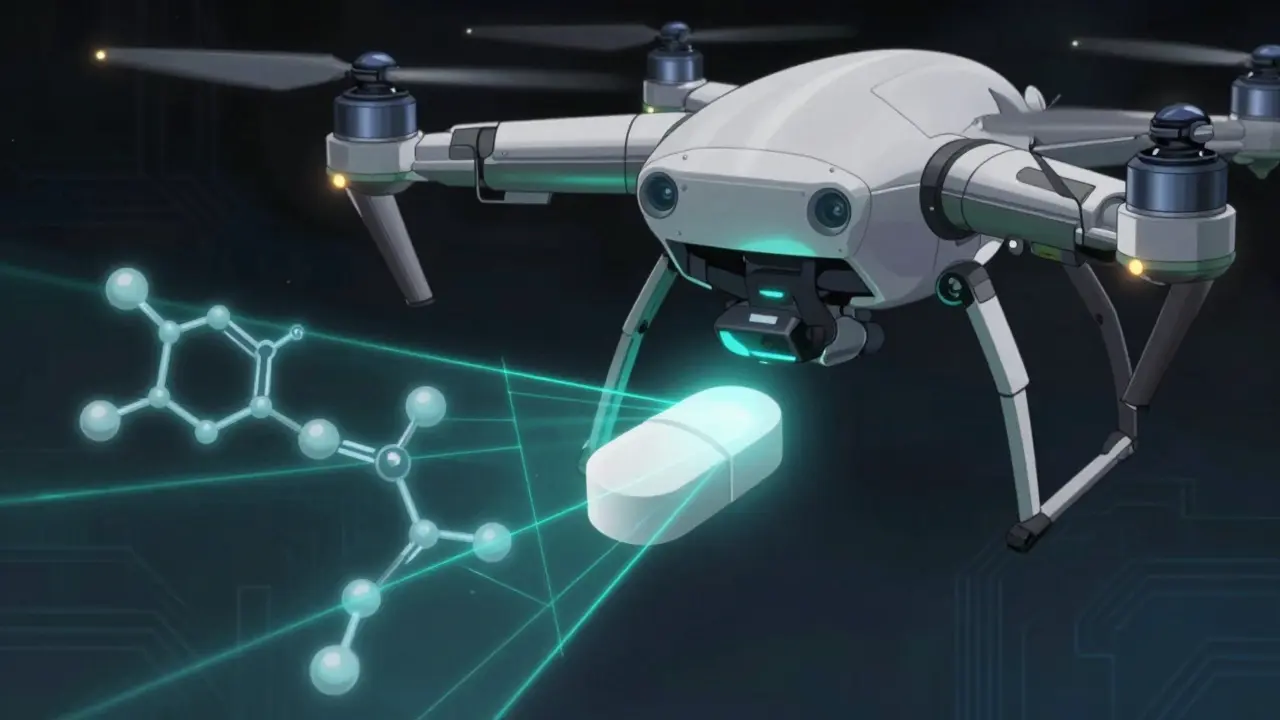 Drone scanning an acetaminophen pill for quality