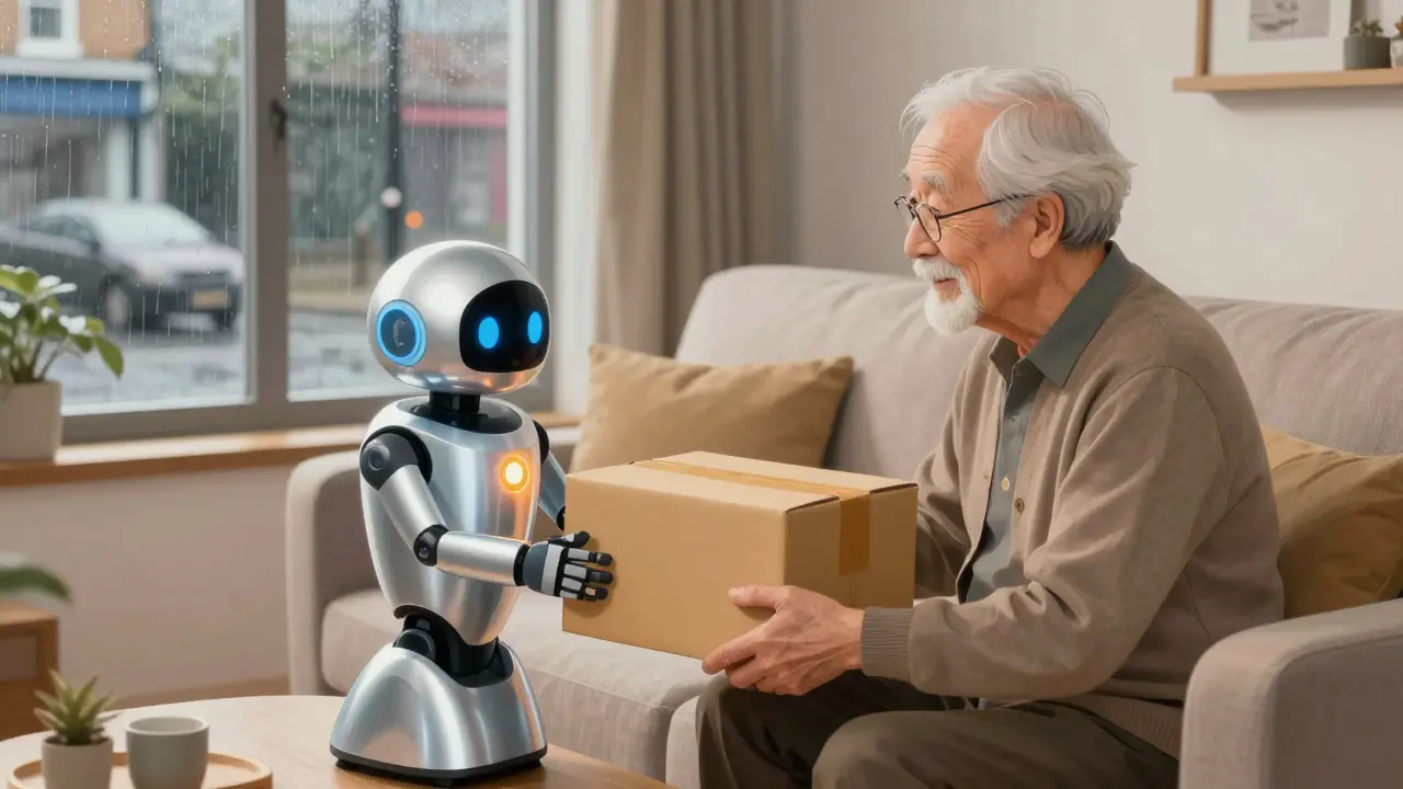 Elderly person receiving medicine package from a small delivery robot