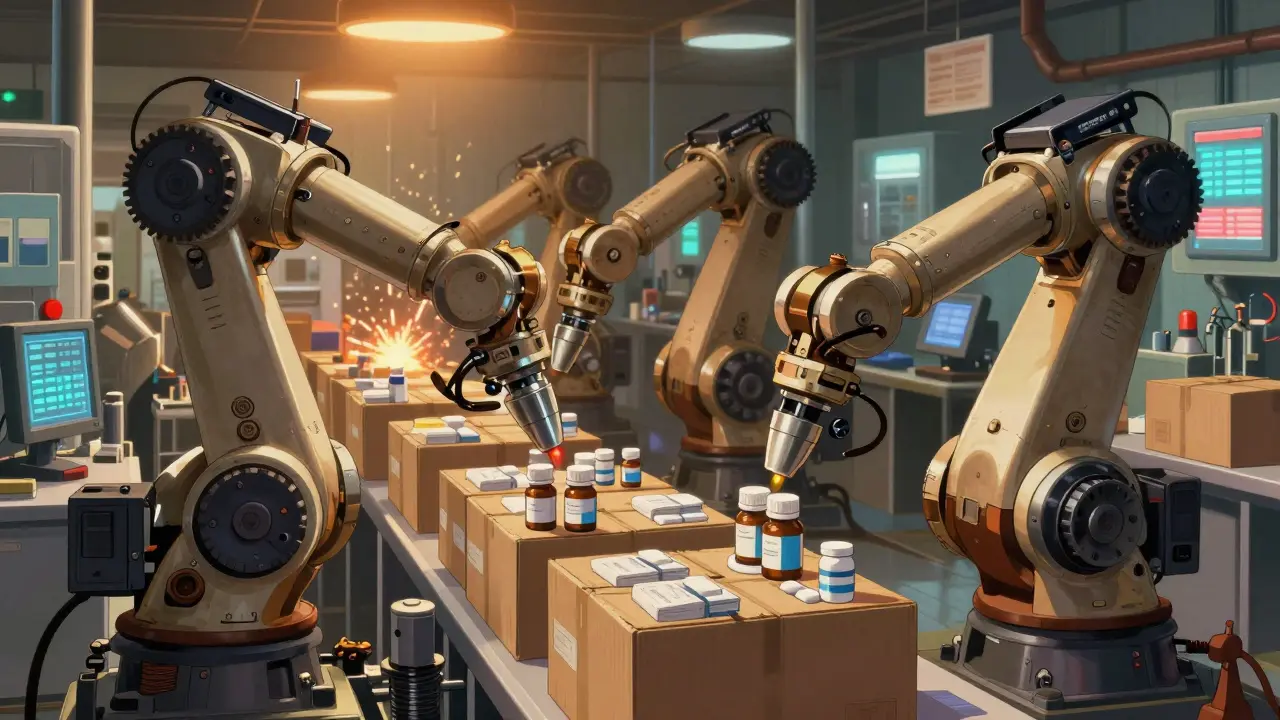 Industrial robots sorting and packaging medication in a high-tech warehouse facility