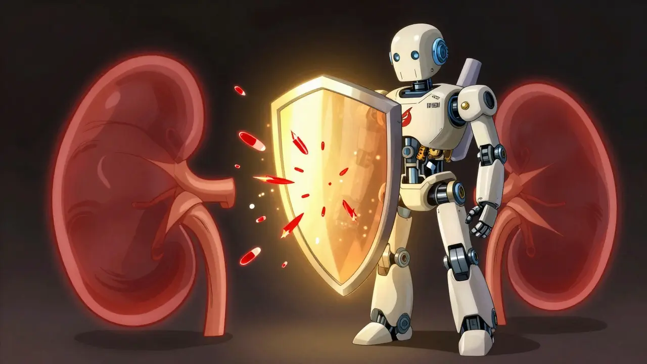 Mechanical robot generating a protective shield against scam symbols.