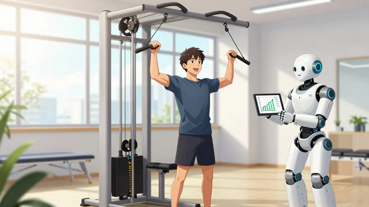Patient exercising with robot aid, showing recovered energy and health