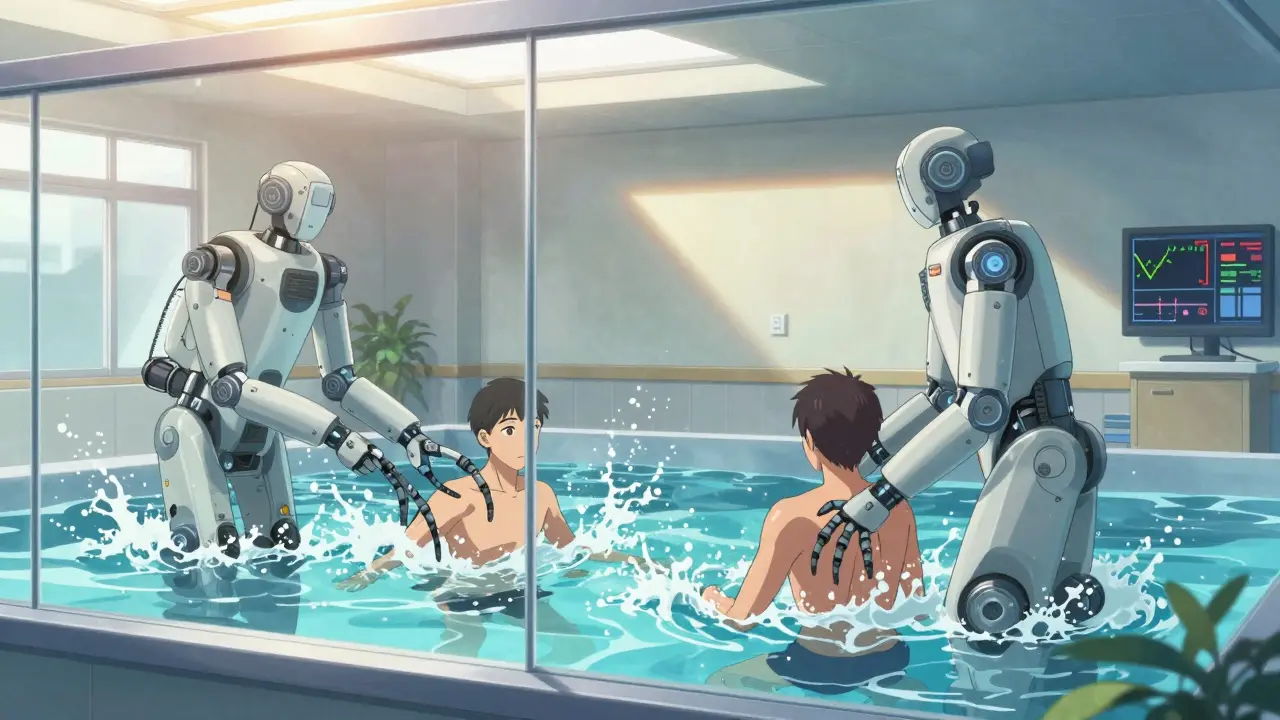 Rehabilitation robots assisting patients in a pool