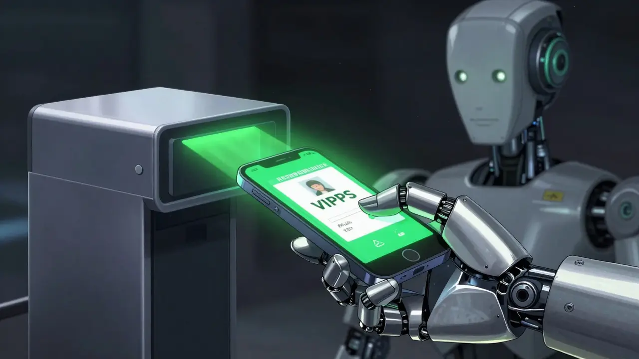 Robotic hand scanning a document for safety verification with a green laser beam