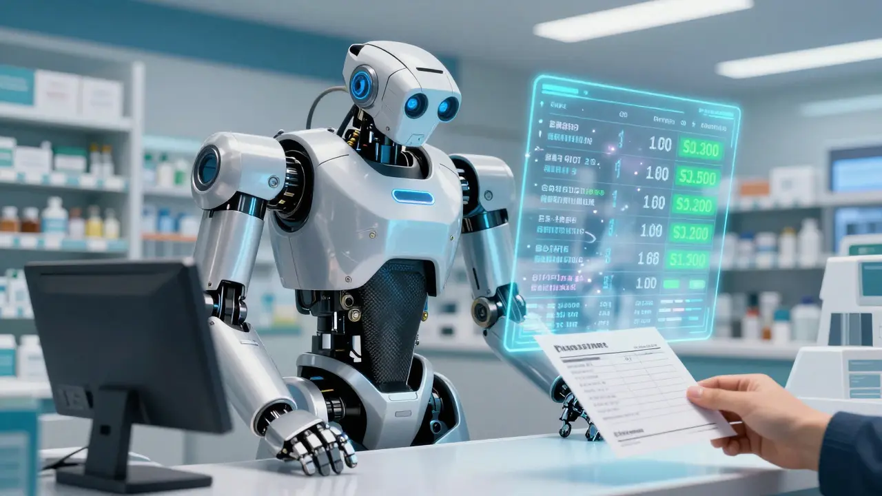 Robotic pharmacist analyzing holographic pricing data in a digital pharmacy.