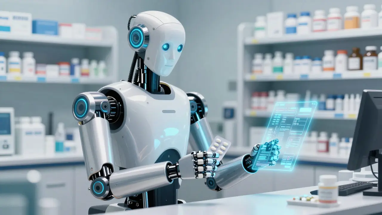 Robotic pharmacist assistant verifying a prescription with holographic tech