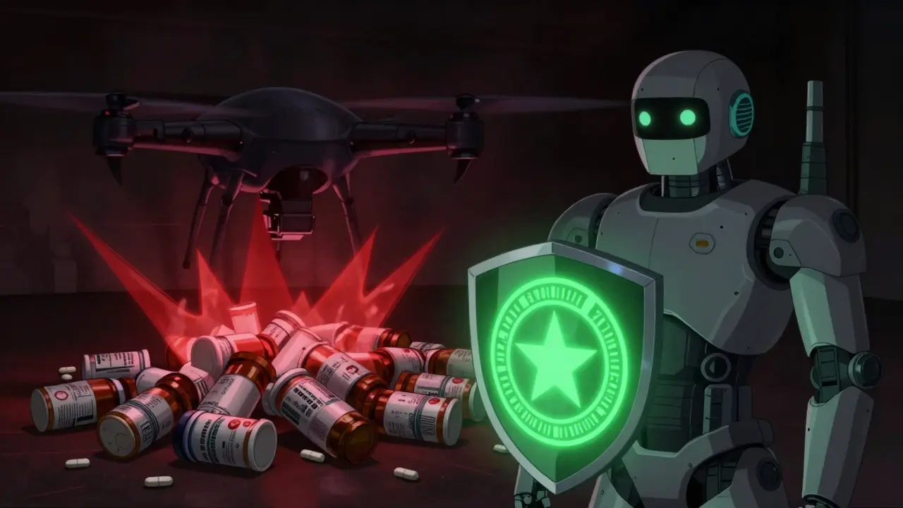 Security robot blocking rogue drone selling fake pills in dark setting