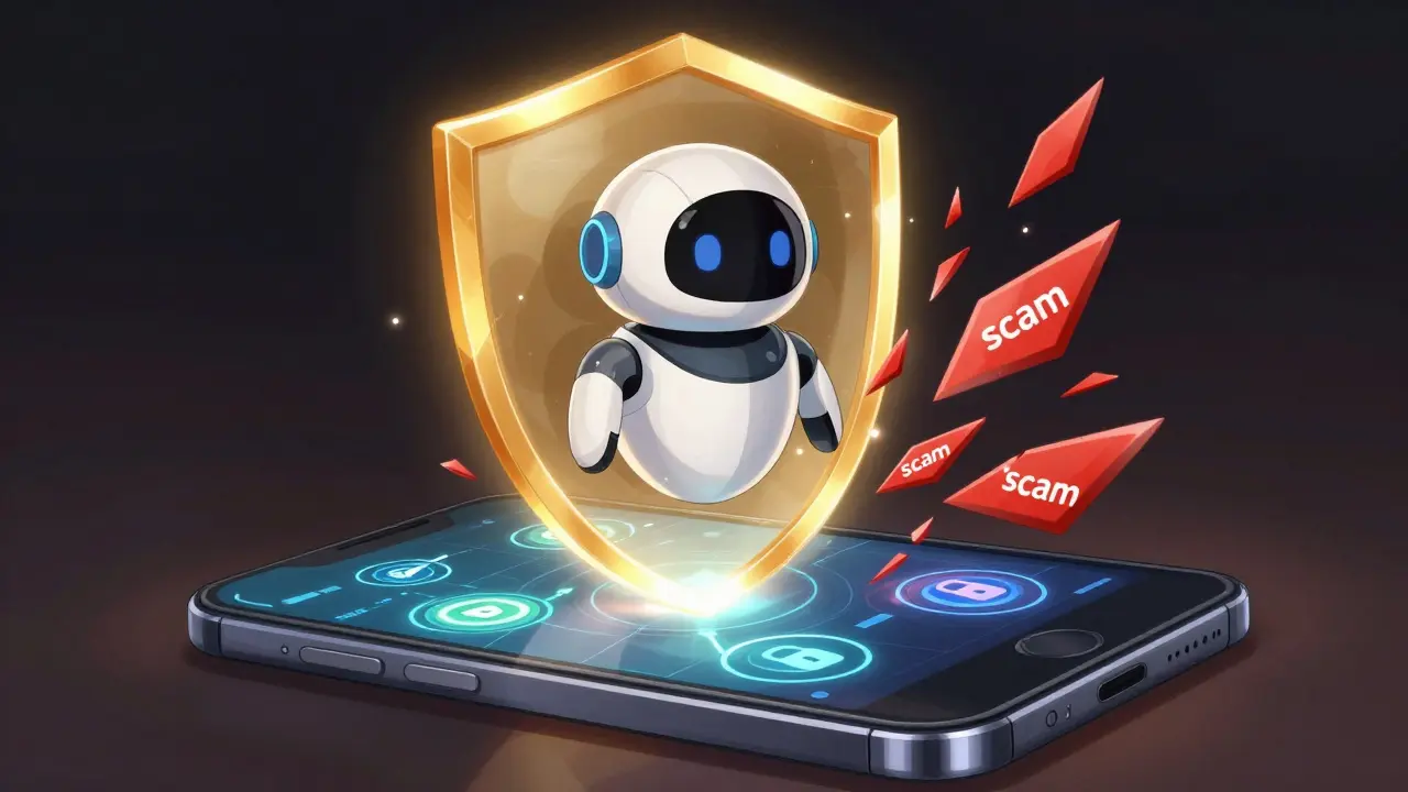 Security robot projecting a protective shield over a smartphone interface