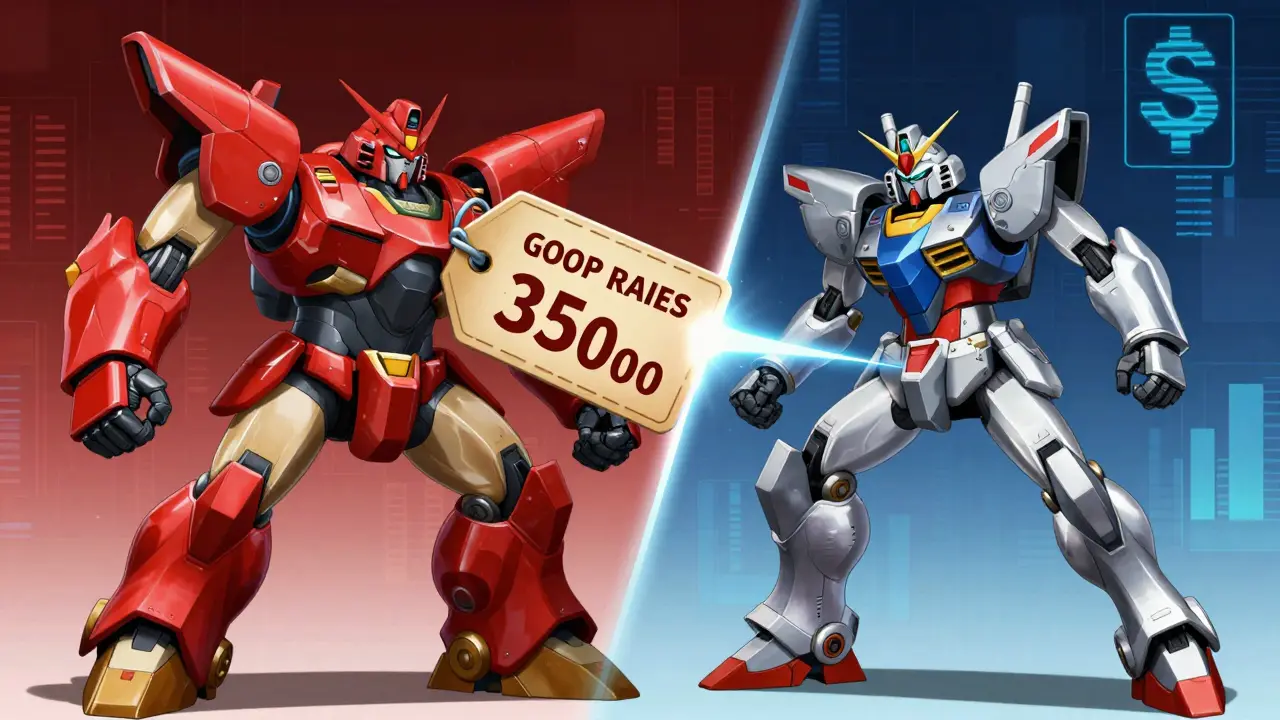 Silver robot defeating red cost monster with coupon beam in anime style