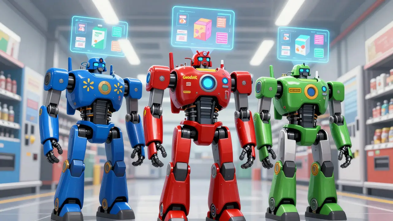 Three retailer robots comparing medication prices