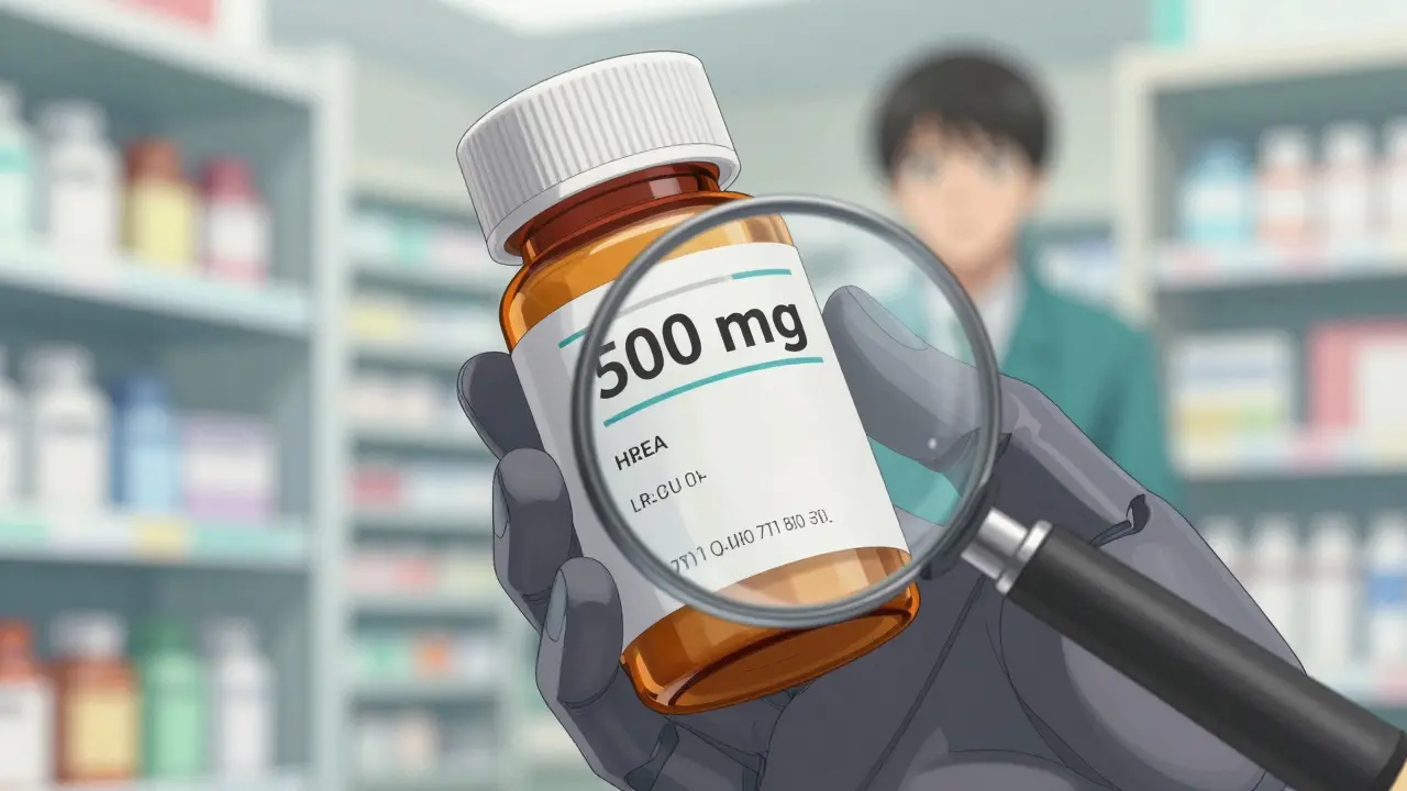 Close-up of hand verifying medication dosage on bottle