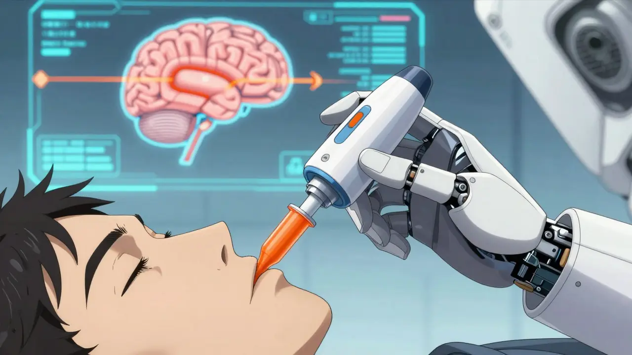 Close up of naloxone nasal spray administration in manga style
