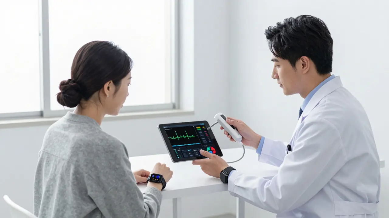 Doctor reviewing patient's wearable health data during a collaborative consultation