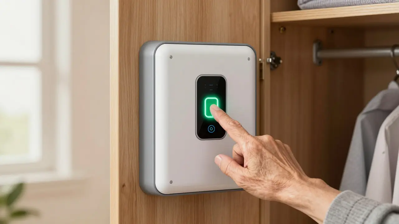 Elderly person using biometric scanner on wall cabinet