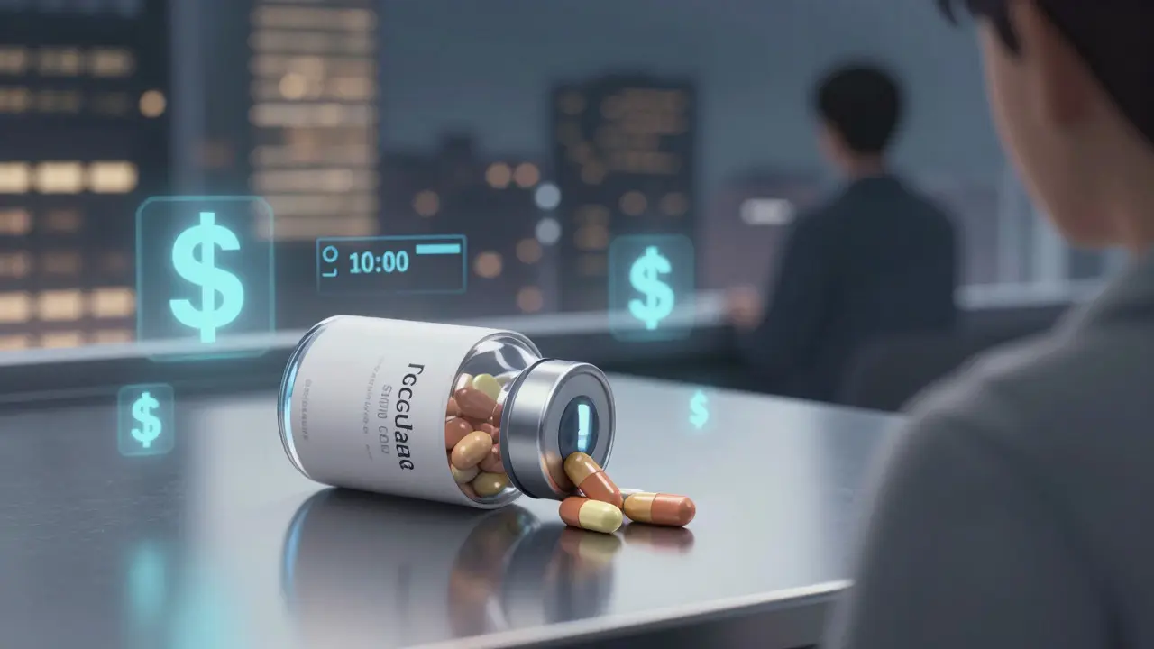 Generic medicine bottle with floating cost symbols and city backdrop