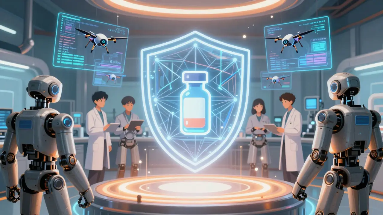Lab scene with holographic shield protecting medicine from drones
