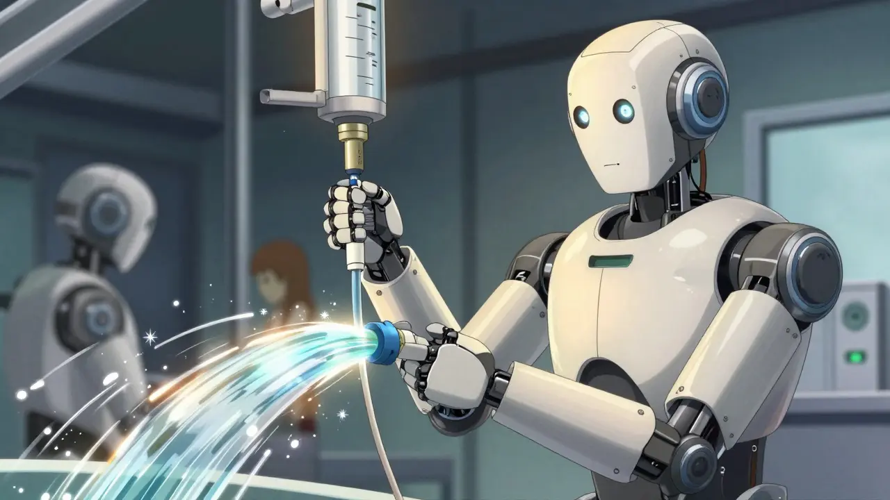 Medical droid flushing feeding tube with warm water to prevent clogs