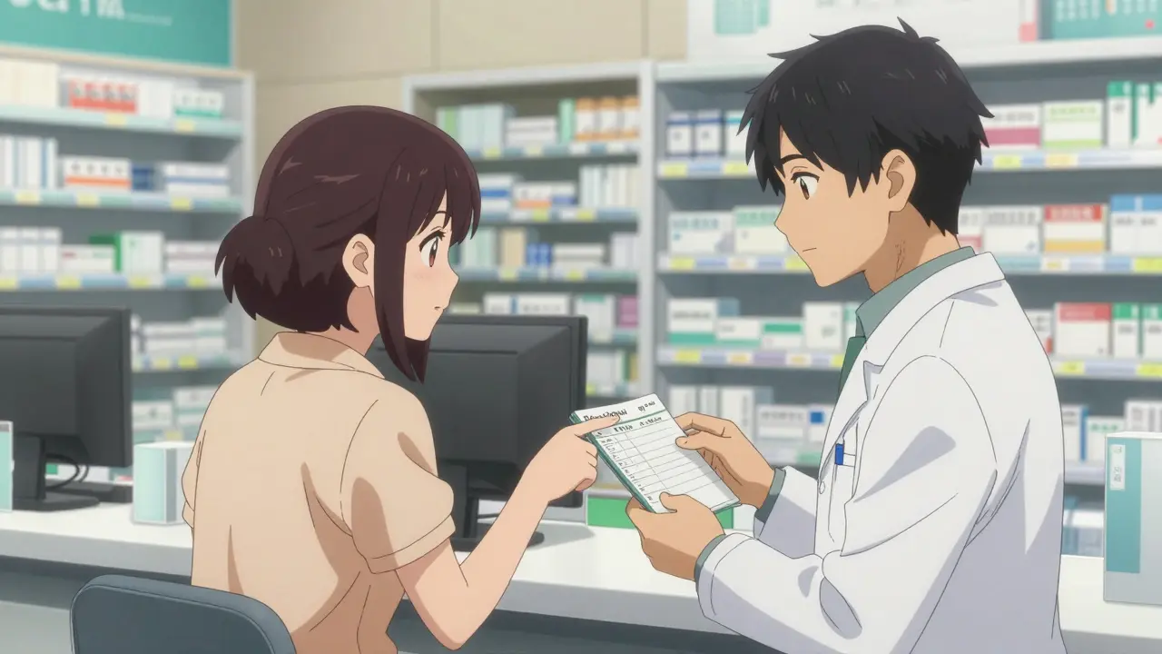 Patient discussing label error with pharmacist