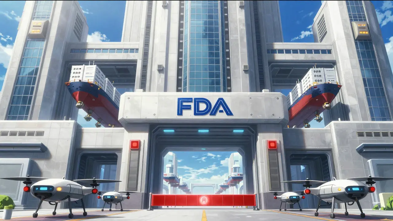 Regulatory fortress blocking generic drones with glowing barrier