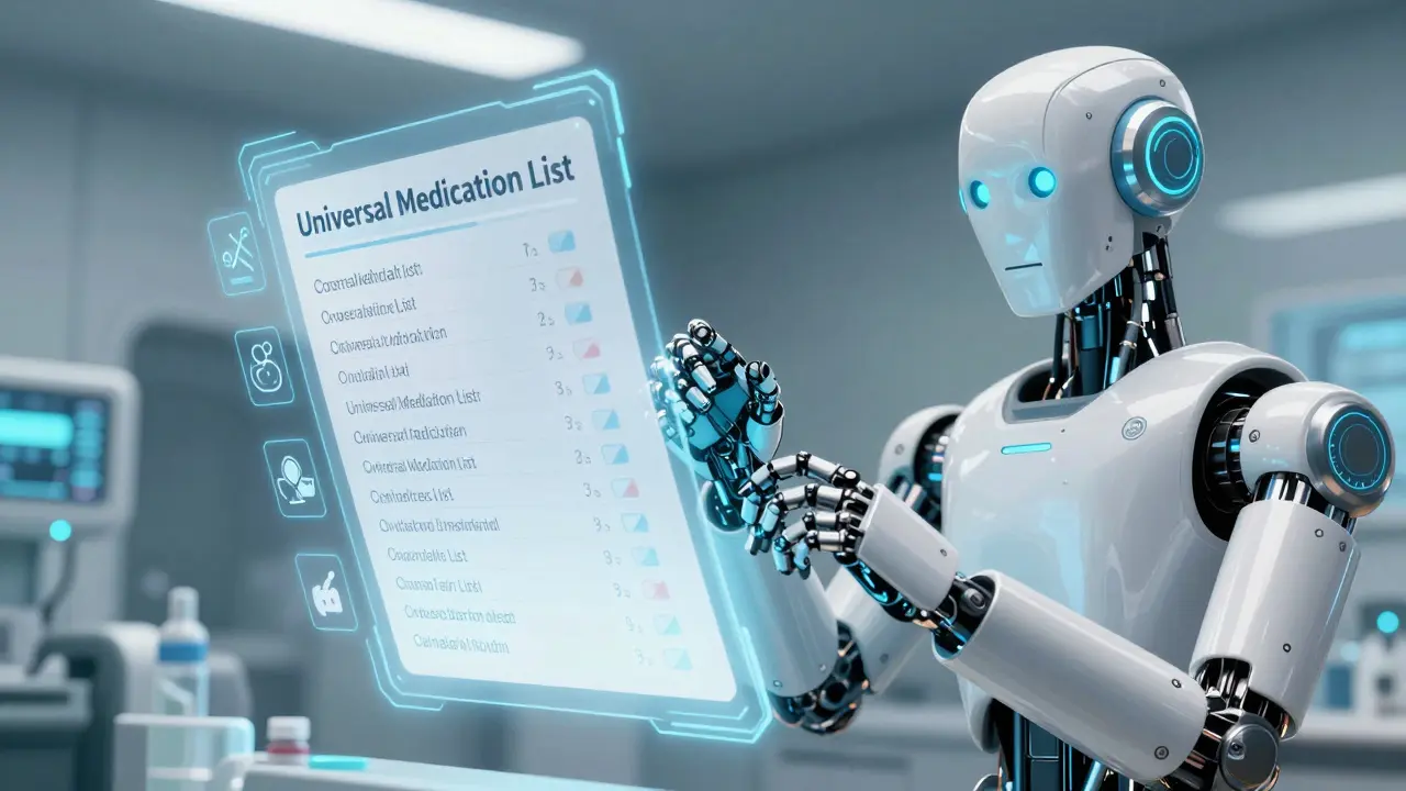 Robot scanning holographic multilingual medication list in lab