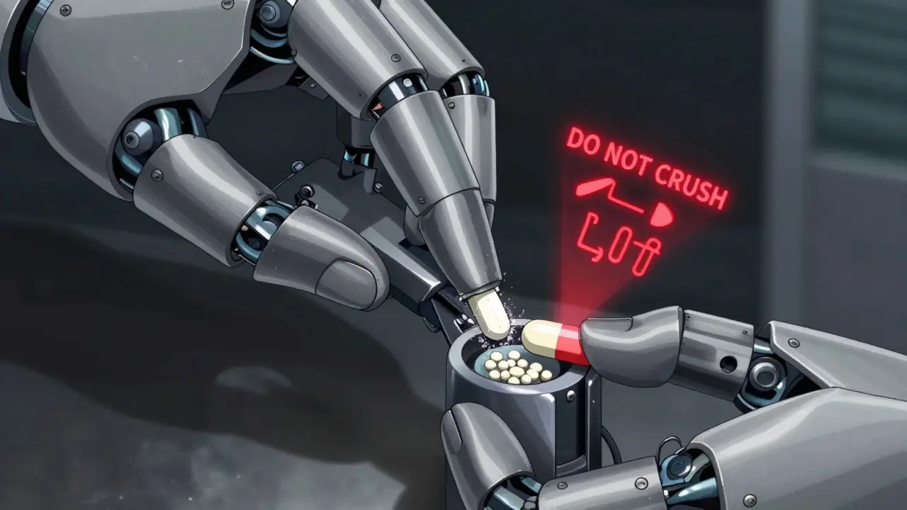 Robotic arm crushing pills with holographic warnings about drug types
