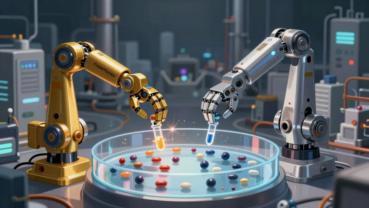 Robotic arms manipulating microscopic drug particles in a containment field