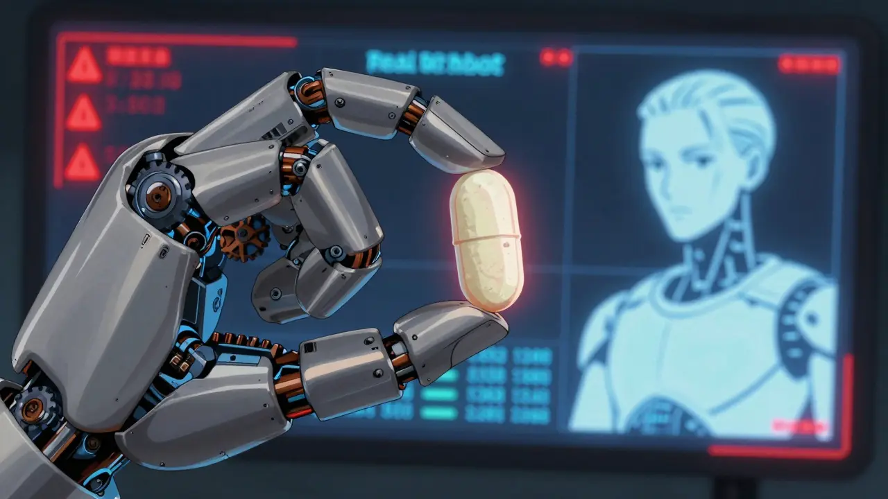 Robotic hand inspecting a suspicious pill against a digital reference