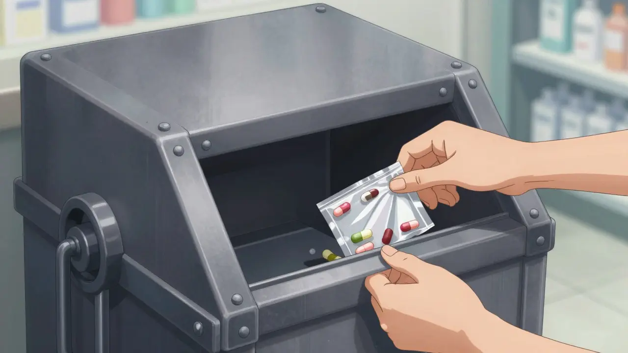 Secure disposal bin for unused prescription medications