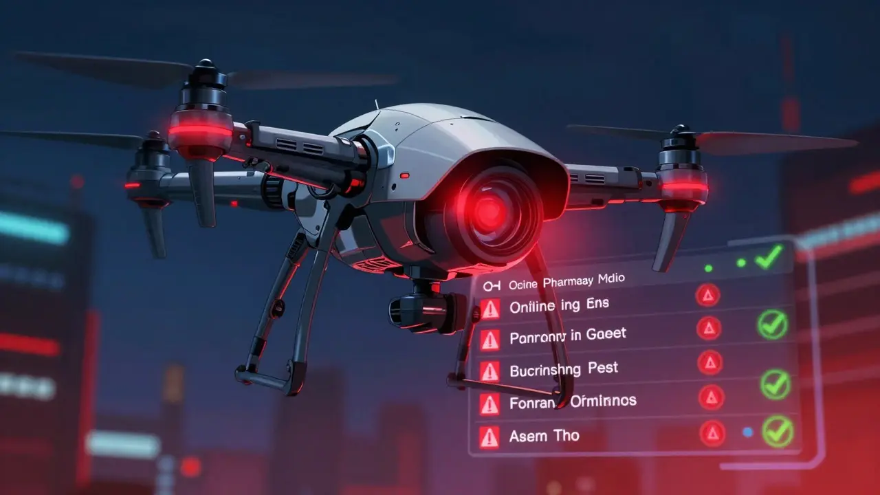 Security drone scanning for fake online pharmacies