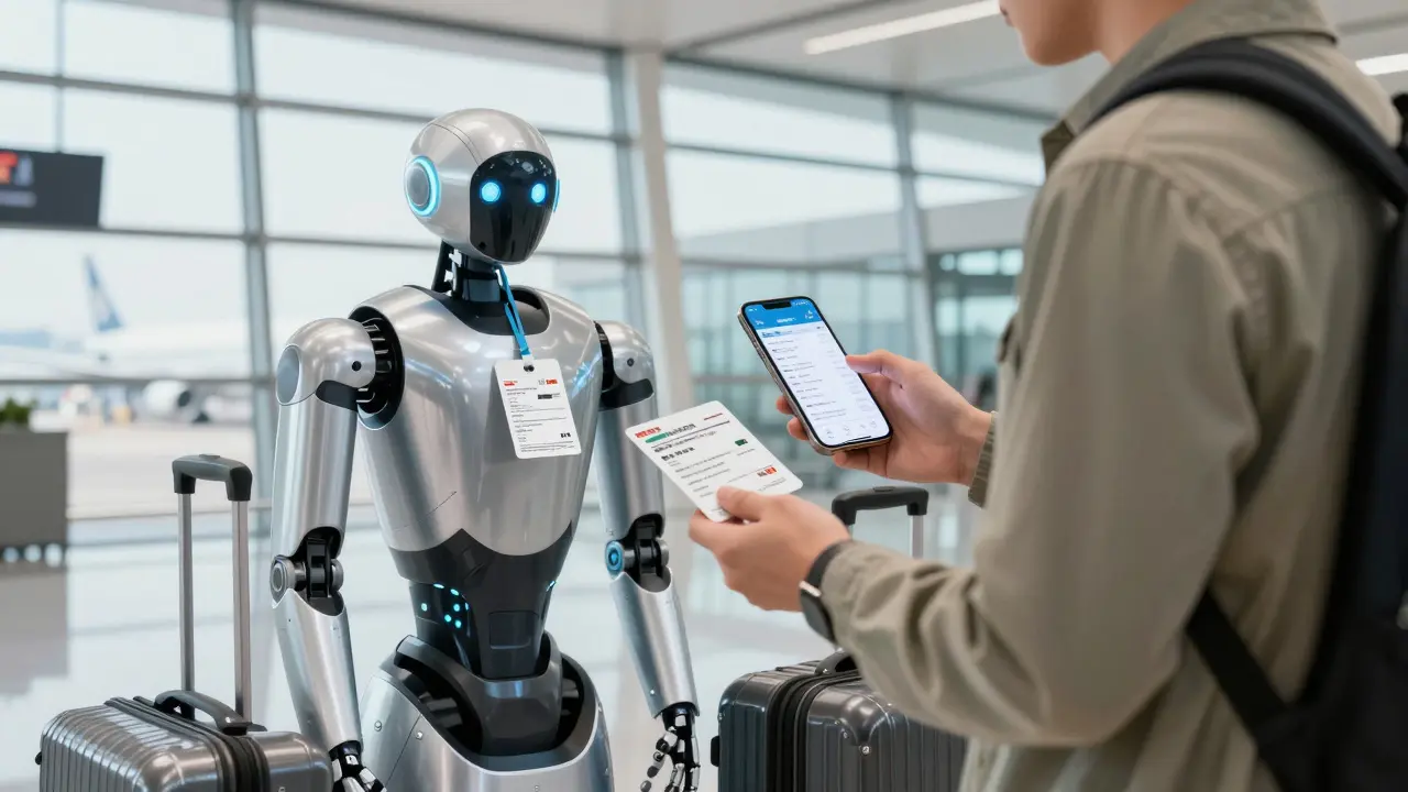 Traveler with robot assistant checking medical docs at airport