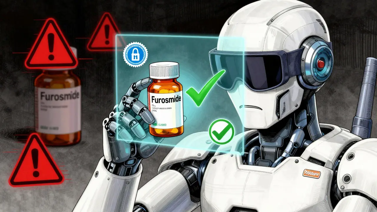 Character scanning medication bottle with AR visor showing safety seals