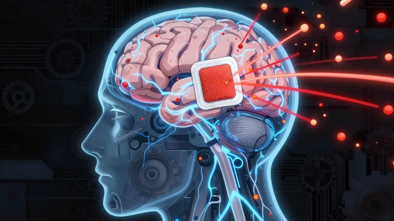 Conceptual art showing drug interactions affecting the brain's neural pathways