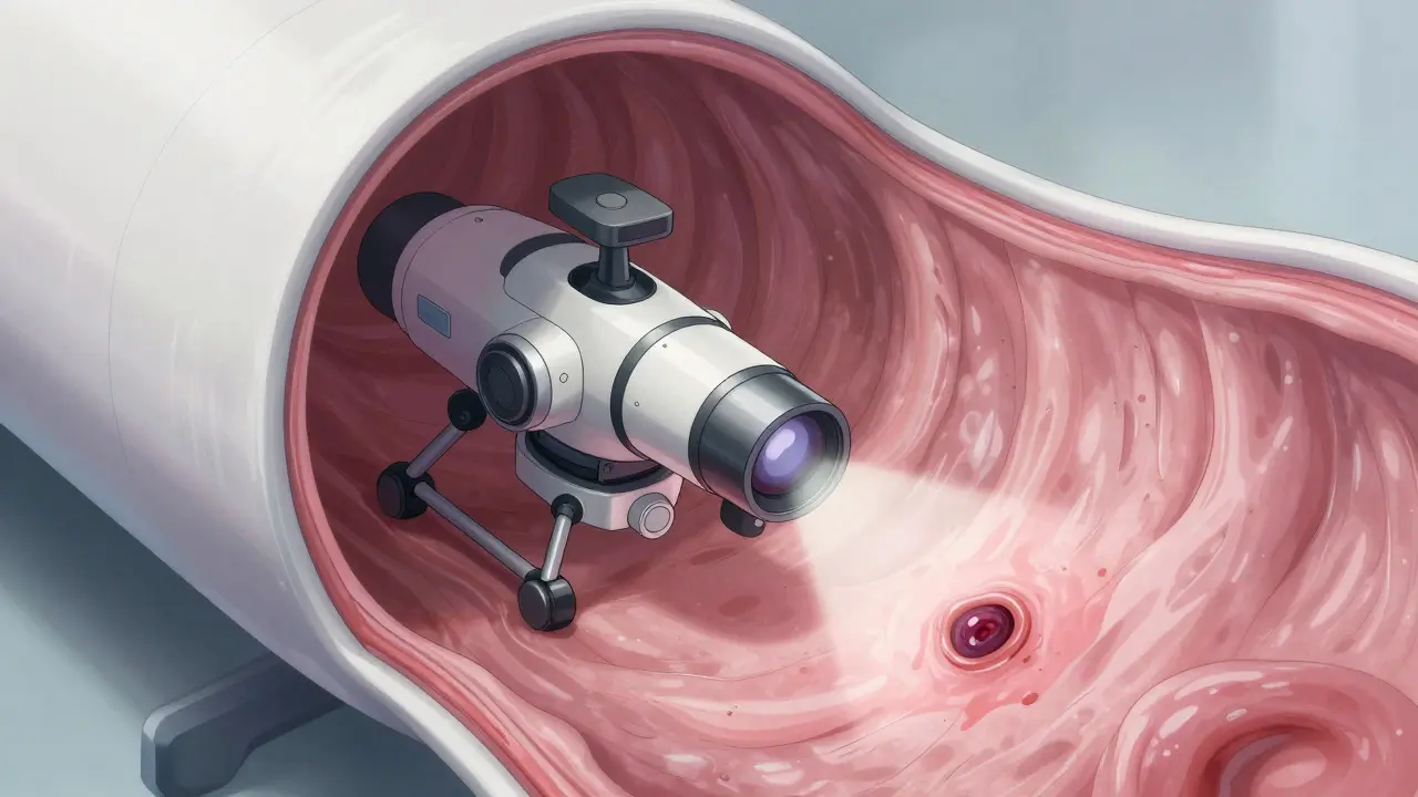 Endoscopic view of digestive tract identifying an ulcer
