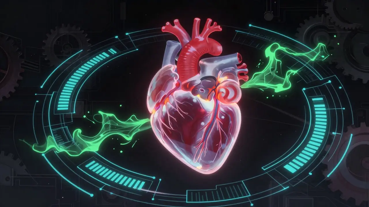 Glowing anatomical heart surrounded by technical rings and data streams