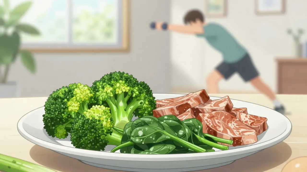 Healthy meal with vegetables and protein alongside exercise routine
