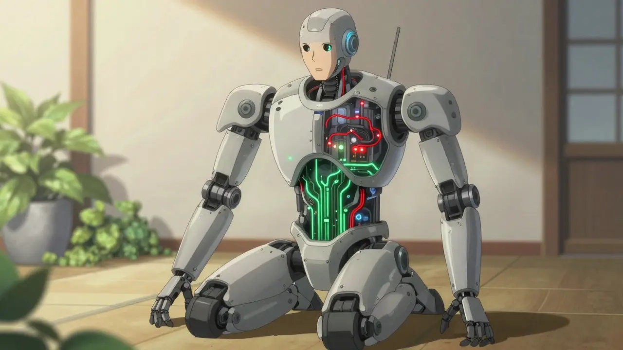 Humanoid mech performing gentle movement with calming internal circuits in anime style
