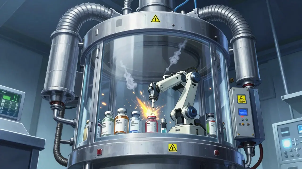 Industrial robotic containment unit handling hazardous cancer drugs